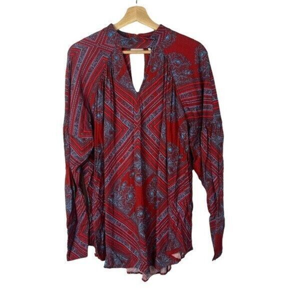 Free People Walking on a Dream Red & Blue Printed Long Sleeve Tunic M - Picture 3 of 7